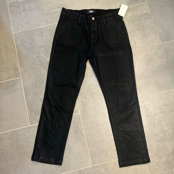 PAIGE Mayslie Straight Ankle Pants in Black Fog Luxe Coating - Size 30 - Picture 1 of 16